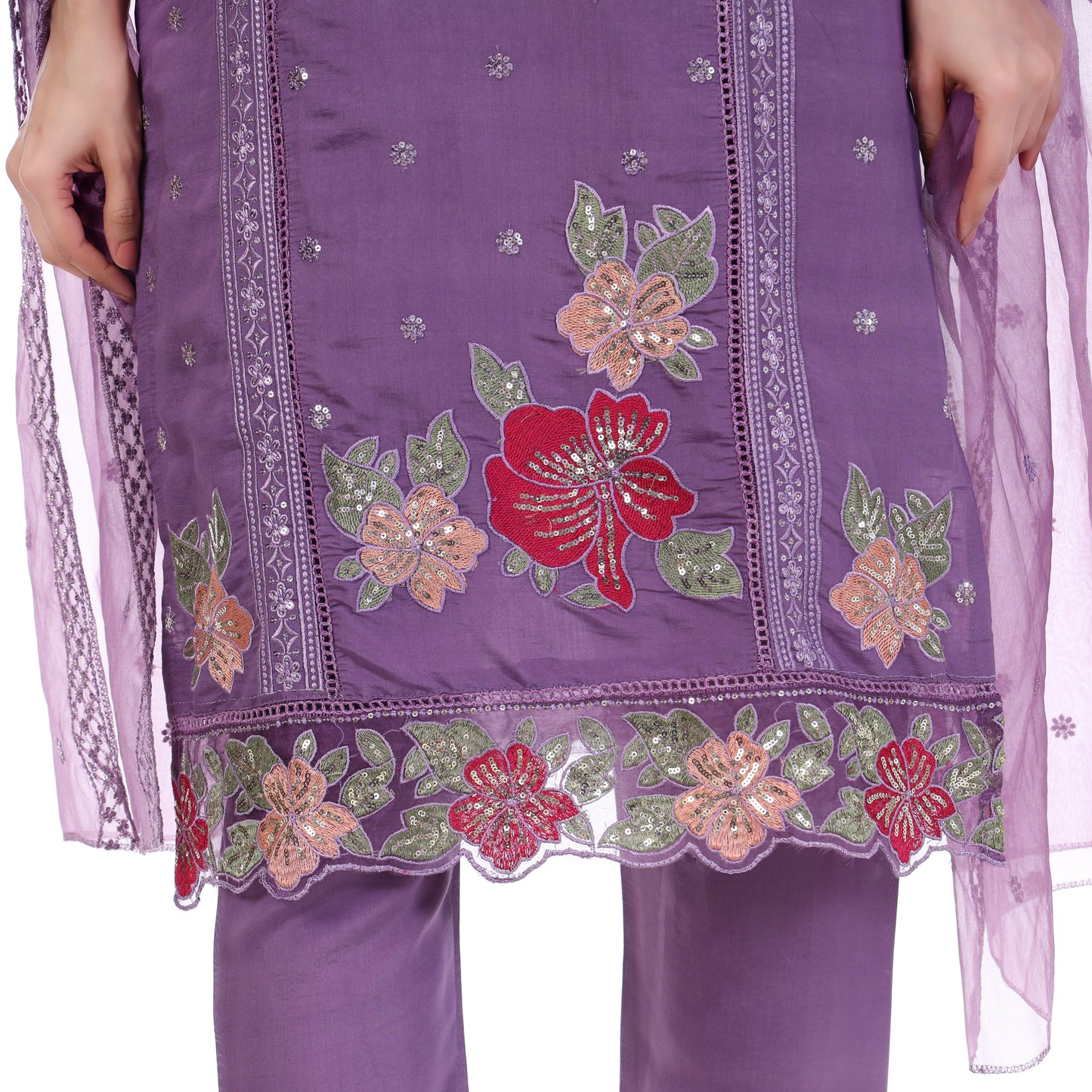 Elegant Lavender Straight Kurta Set with Floral Embroidery & Dupatta