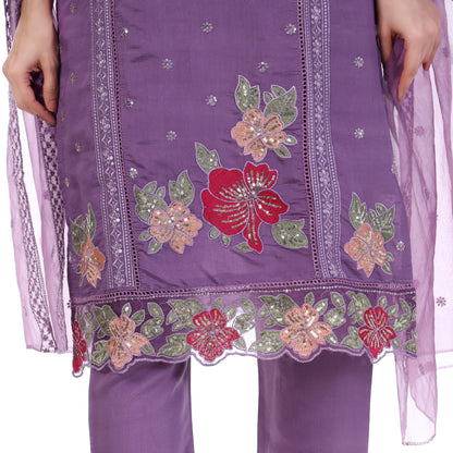 Elegant Lavender Straight Kurta Set with Floral Embroidery & Dupatta