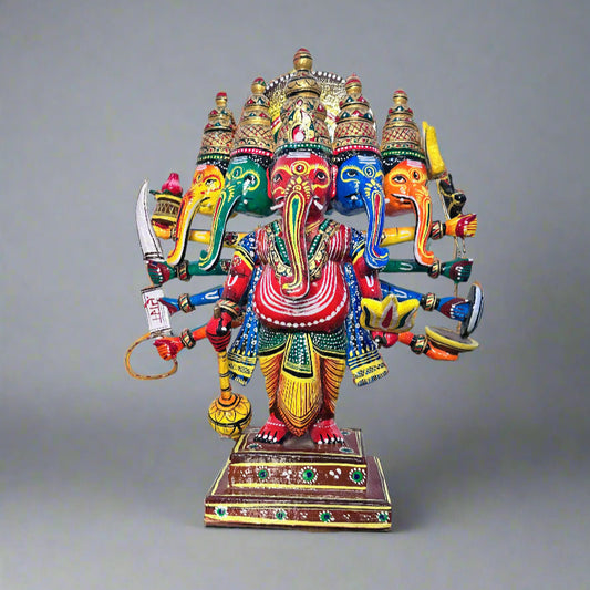 Wooden Multicoloured Panchmukhi Ganpati Idol
