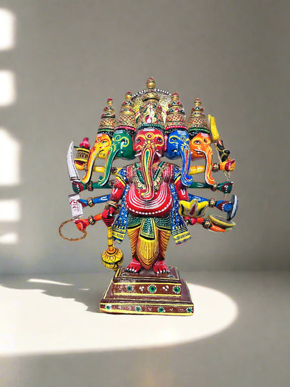 Wooden Multicoloured Panchmukhi Ganpati Idol