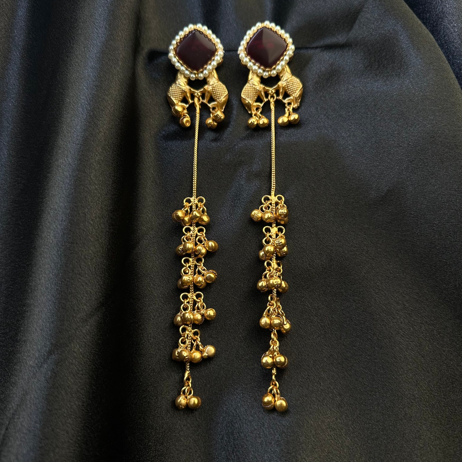 Premium Kashmiri Brass Ghungroo Long Earring Maroon