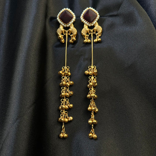 Premium Kashmiri Brass Ghungroo Long Earring Maroon