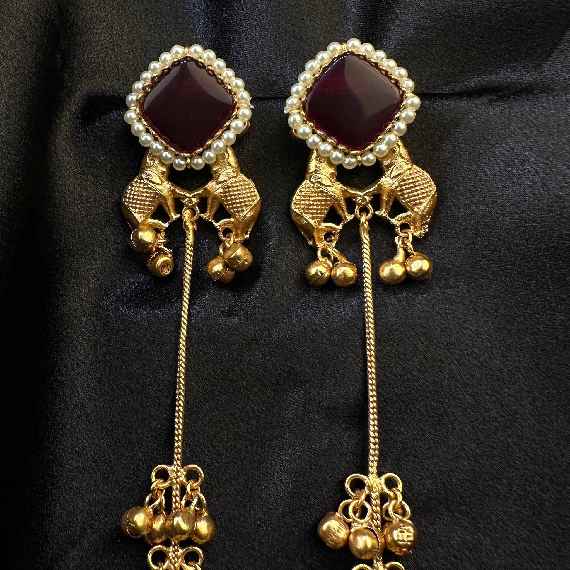 Premium Kashmiri Brass Ghungroo Long Earring Maroon