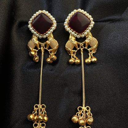 Premium Kashmiri Brass Ghungroo Long Earring Maroon