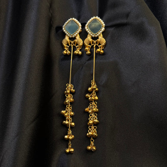 Premium Kashmiri Brass Ghungroo Long Earring Aquamarine