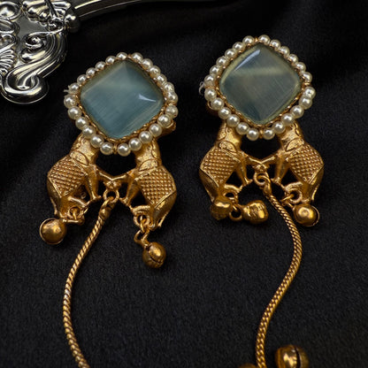 Premium Kashmiri Brass Ghungroo Long Earring Aquamarine