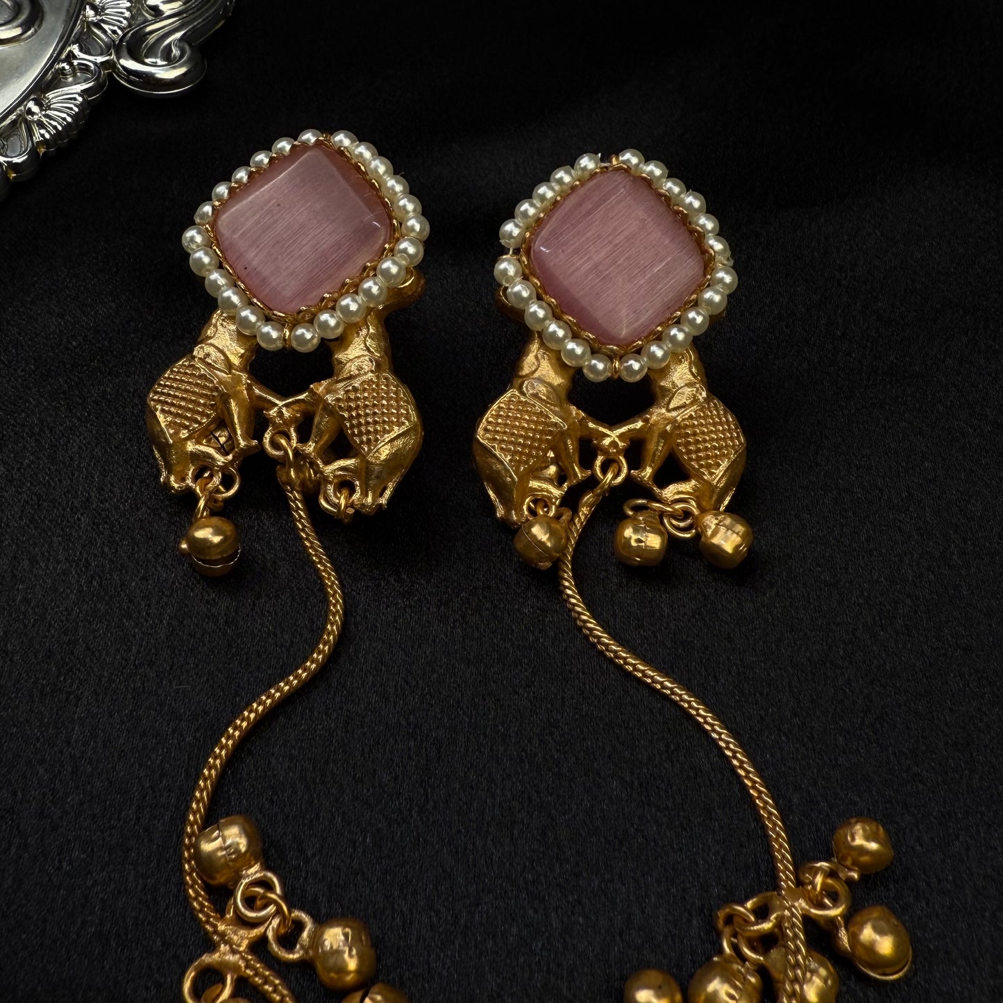 Premium Kashmiri Brass Ghungroo Long Earring Pink