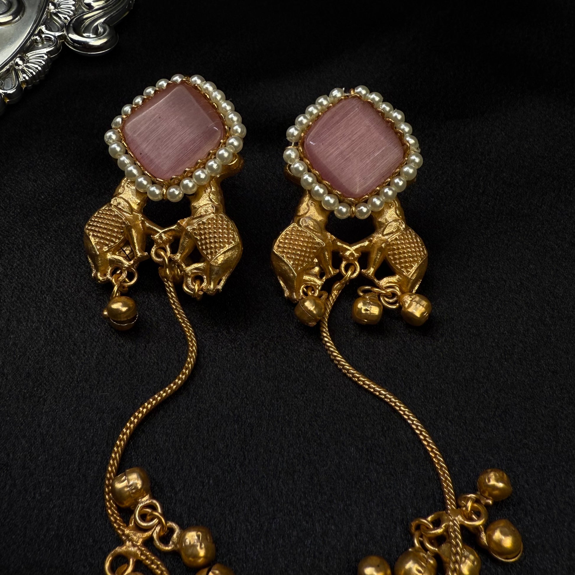 Premium Kashmiri Brass Ghungroo Long Earring Pink