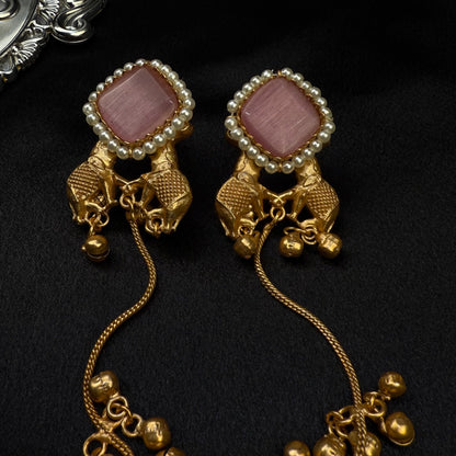 Premium Kashmiri Brass Ghungroo Long Earring Pink