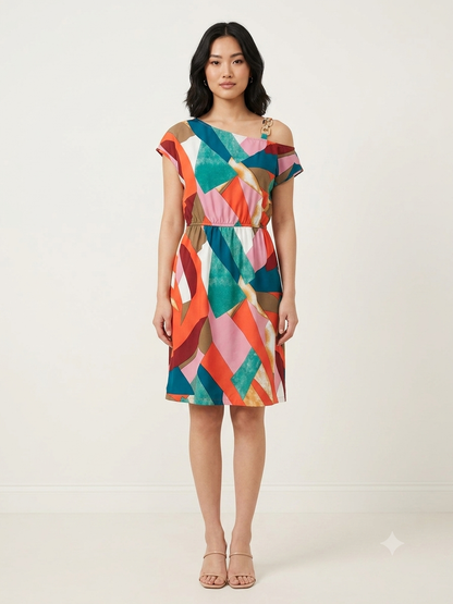 Women's Multicolor Abstract Print One Shoulder Midi Dress | Casual Party Dress