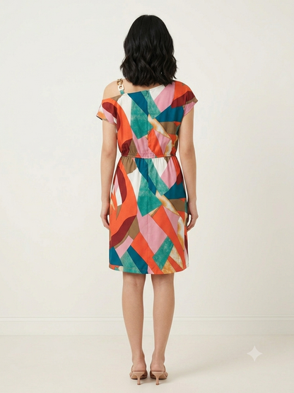 Women's Multicolor Abstract Print One Shoulder Midi Dress | Casual Party Dress