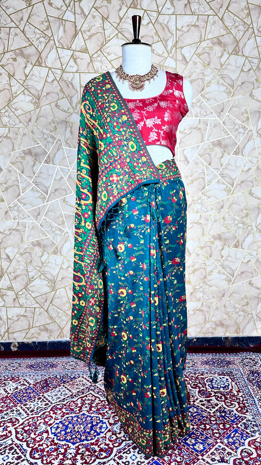 Elegant Green Floral Meenakari Saree With Blause piece for Festival Wear,