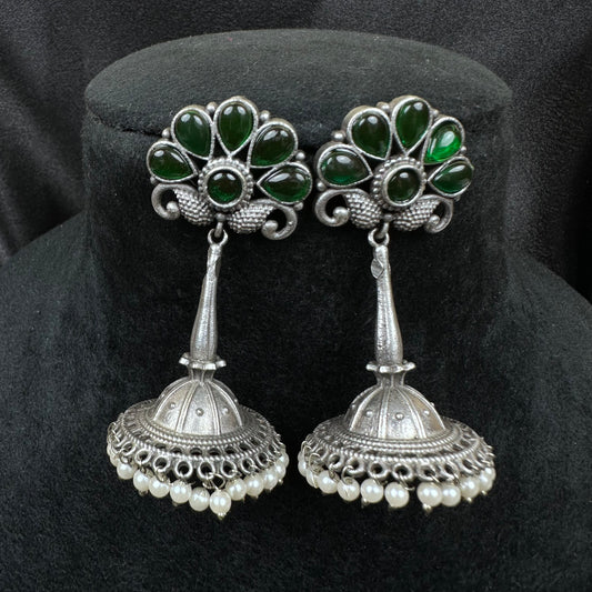 Traditional Oxidised Silver Plated Jhumka Earrings with Stone Work Green
