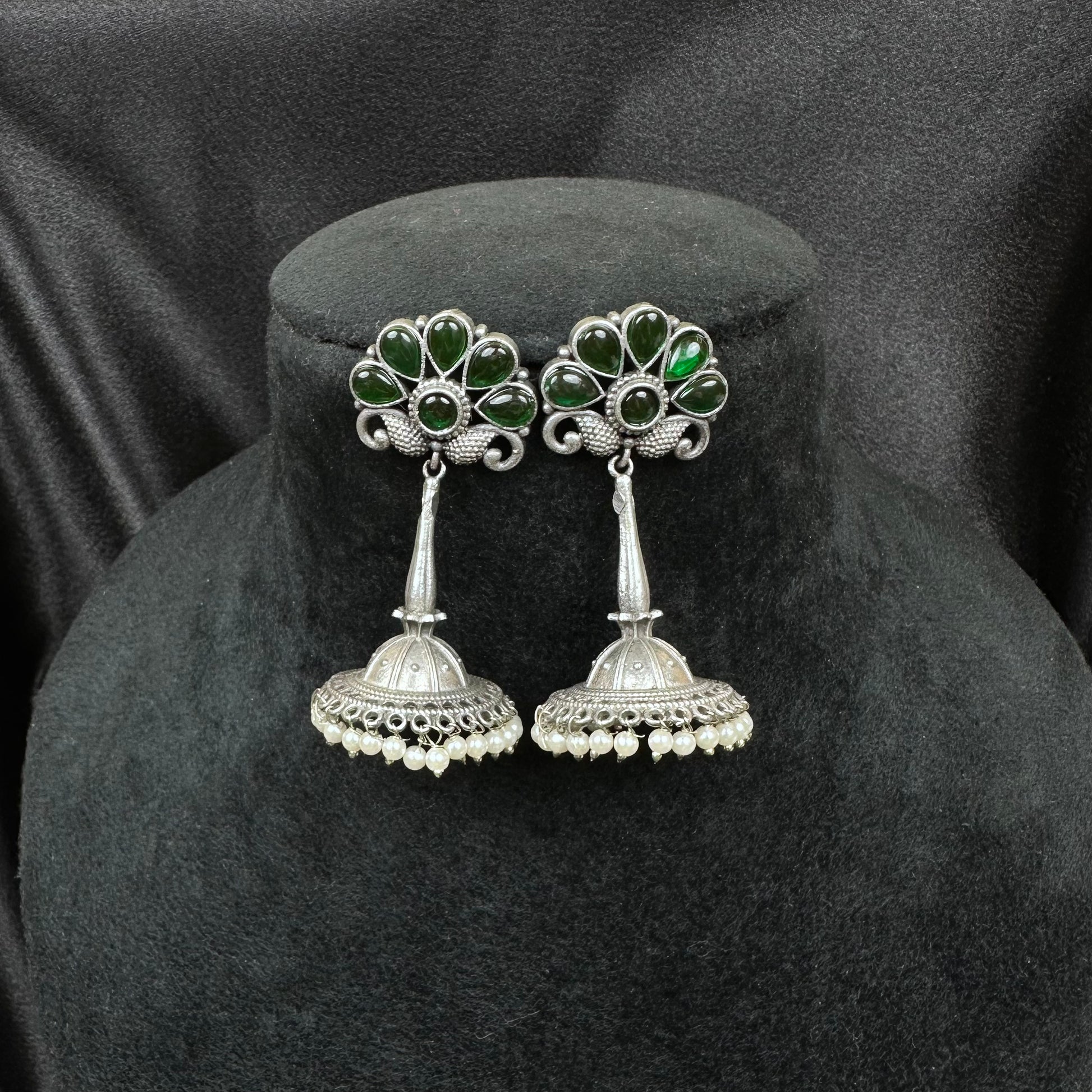 Traditional Oxidised Silver Plated Jhumka Earrings with Stone Work Green