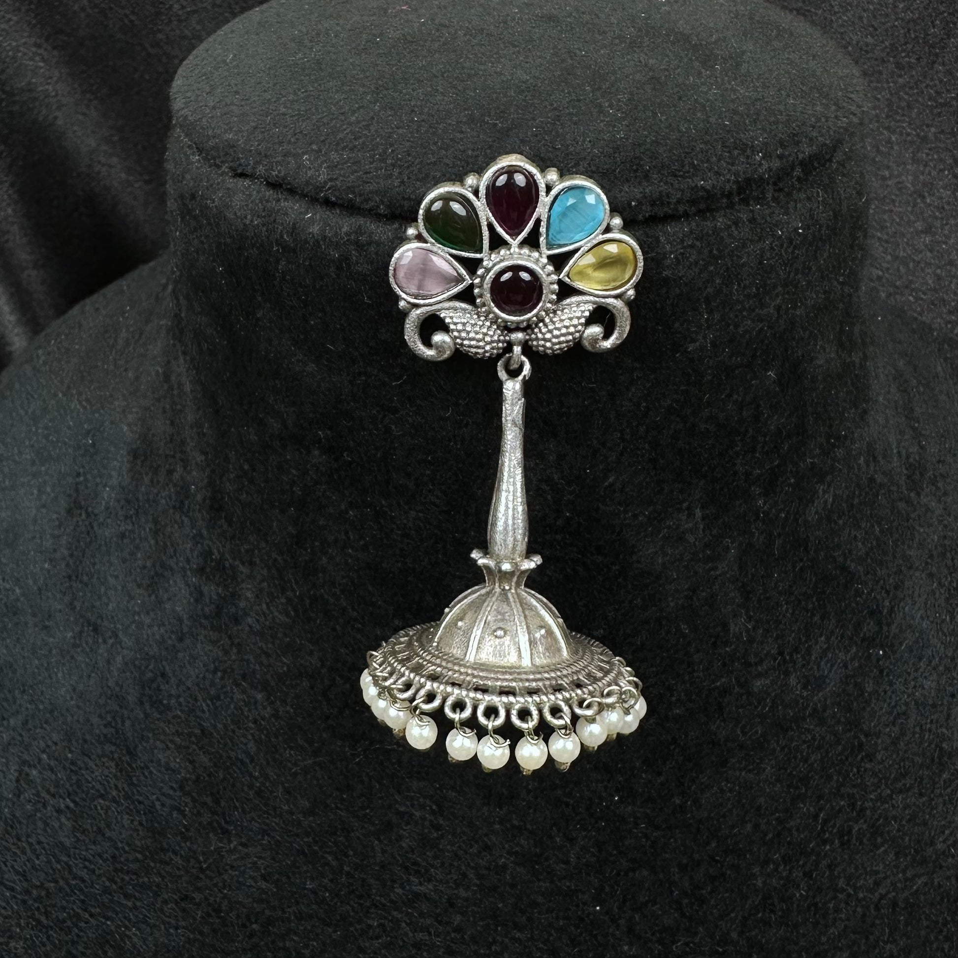 Traditional Oxidised Silver Plated Jhumka Earrings with Stone Work Multicolor