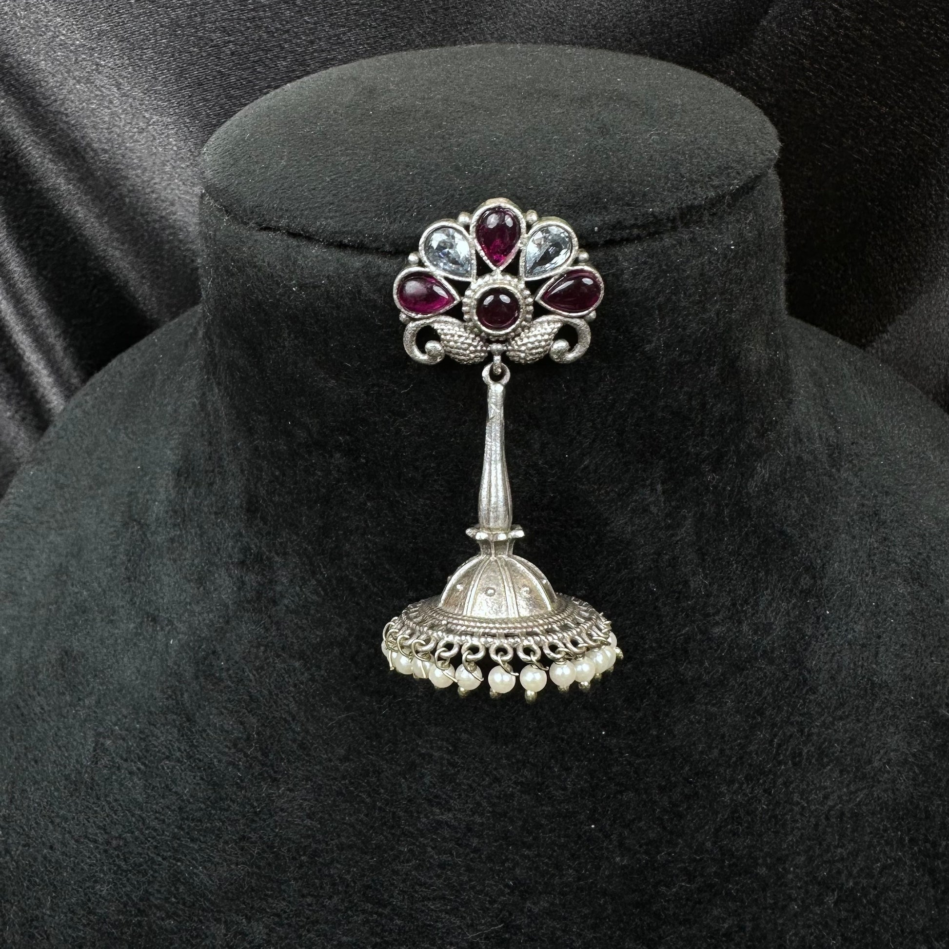 Traditional Oxidised Silver Plated Jhumka Earrings with Stone Work Maroon