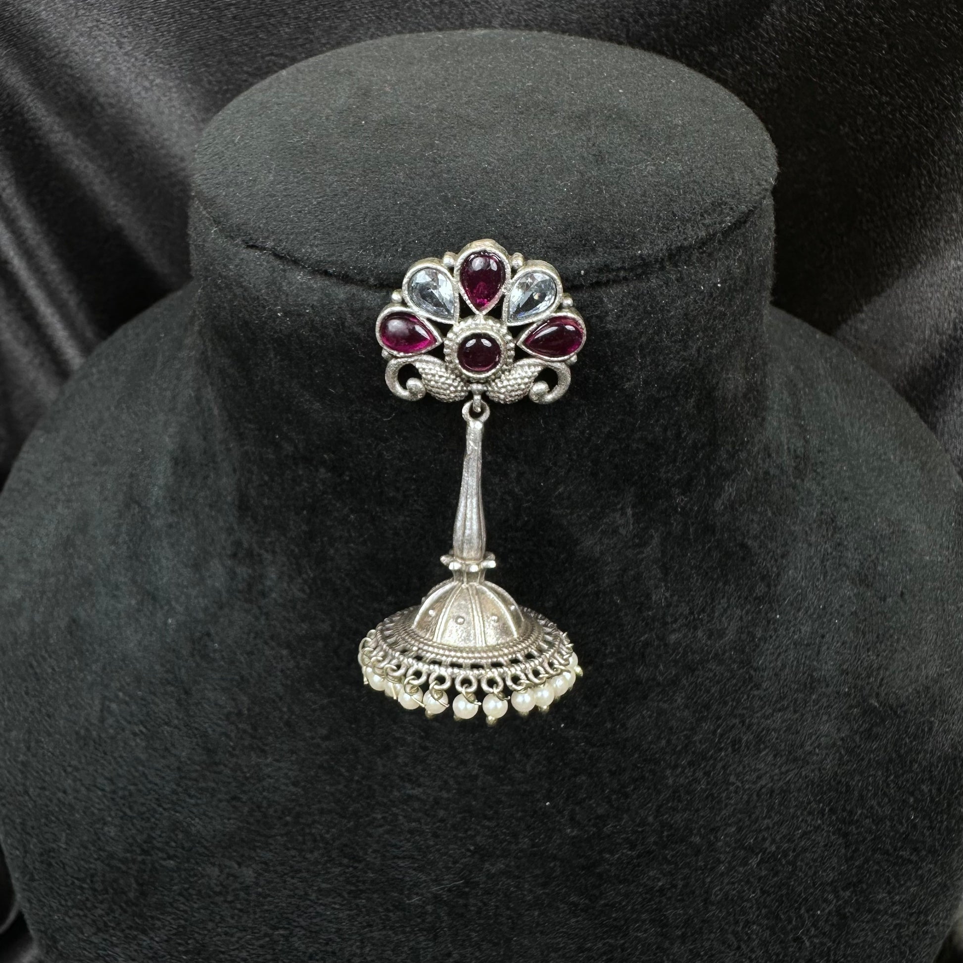 Traditional Oxidised Silver Plated Jhumka Earrings with Stone Work Maroon