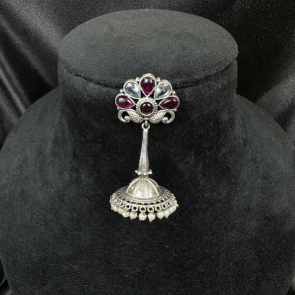 Traditional Oxidised Silver Plated Jhumka Earrings with Stone Work Maroon