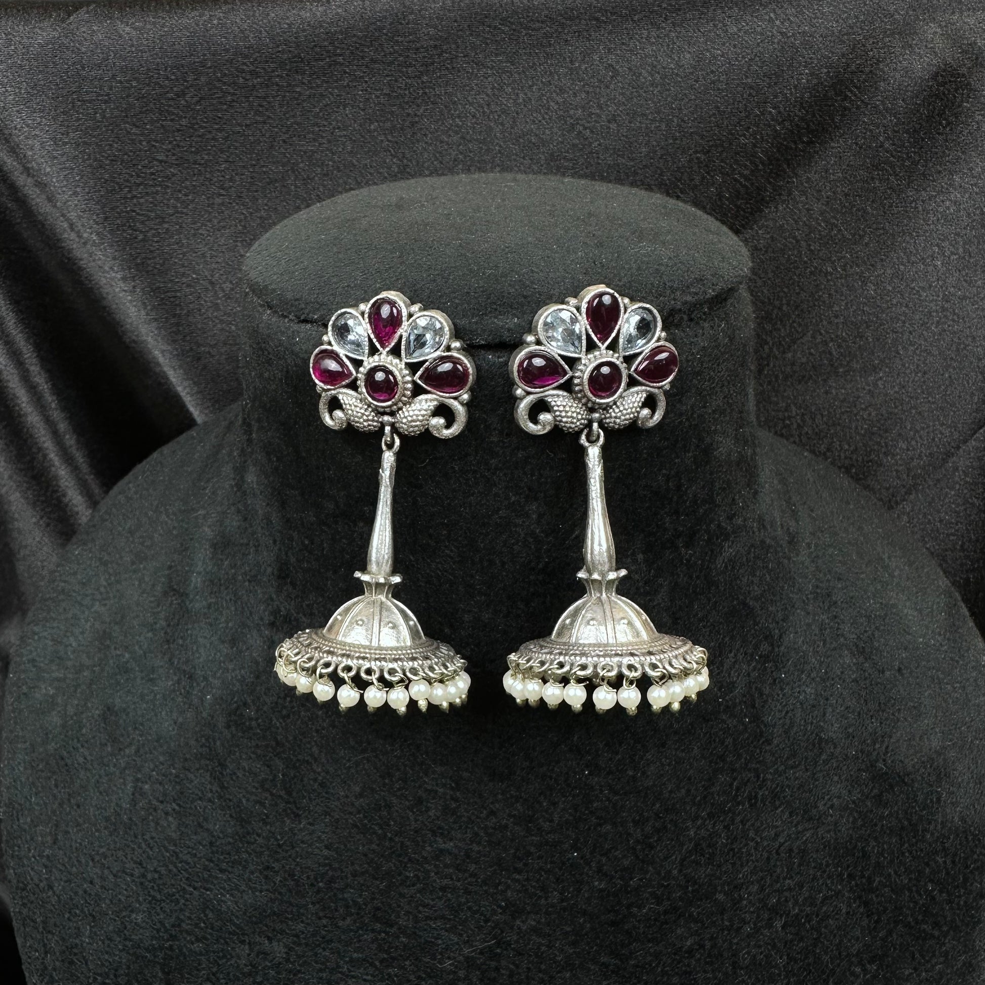 Traditional Oxidised Silver Plated Jhumka Earrings with Stone Work Maroon