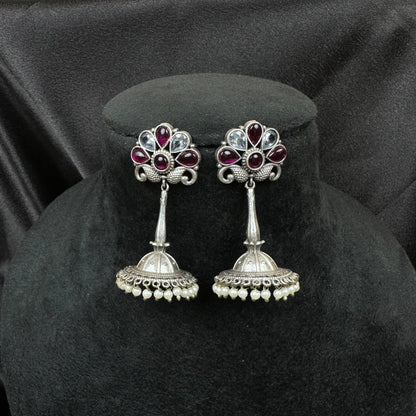 Traditional Oxidised Silver Plated Jhumka Earrings with Stone Work Maroon