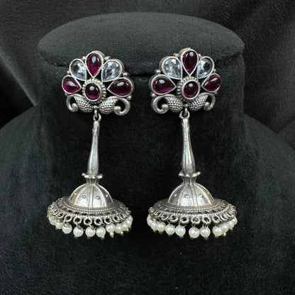 Traditional Oxidised Silver Plated Jhumka Earrings with Stone Work Maroon