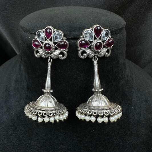 Traditional Oxidised Silver Plated Jhumka Earrings with Stone Work Maroon