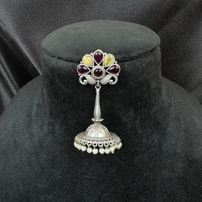 Traditional Oxidised Silver Plated Jhumka Earrings with Stone Work Yellow-Red