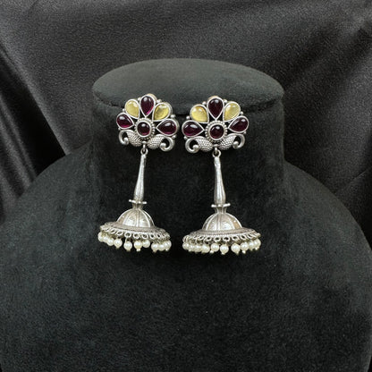 Traditional Oxidised Silver Plated Jhumka Earrings with Stone Work Yellow-Red