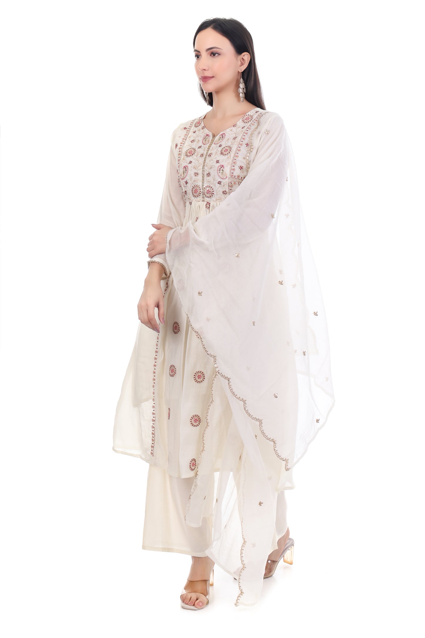 White Organza Georgette Anarkali Suit Set