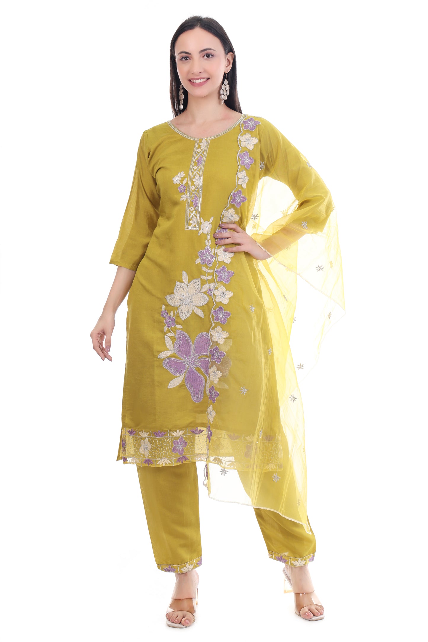 Women Yellow Embroidered Kurta Set with Dupatta