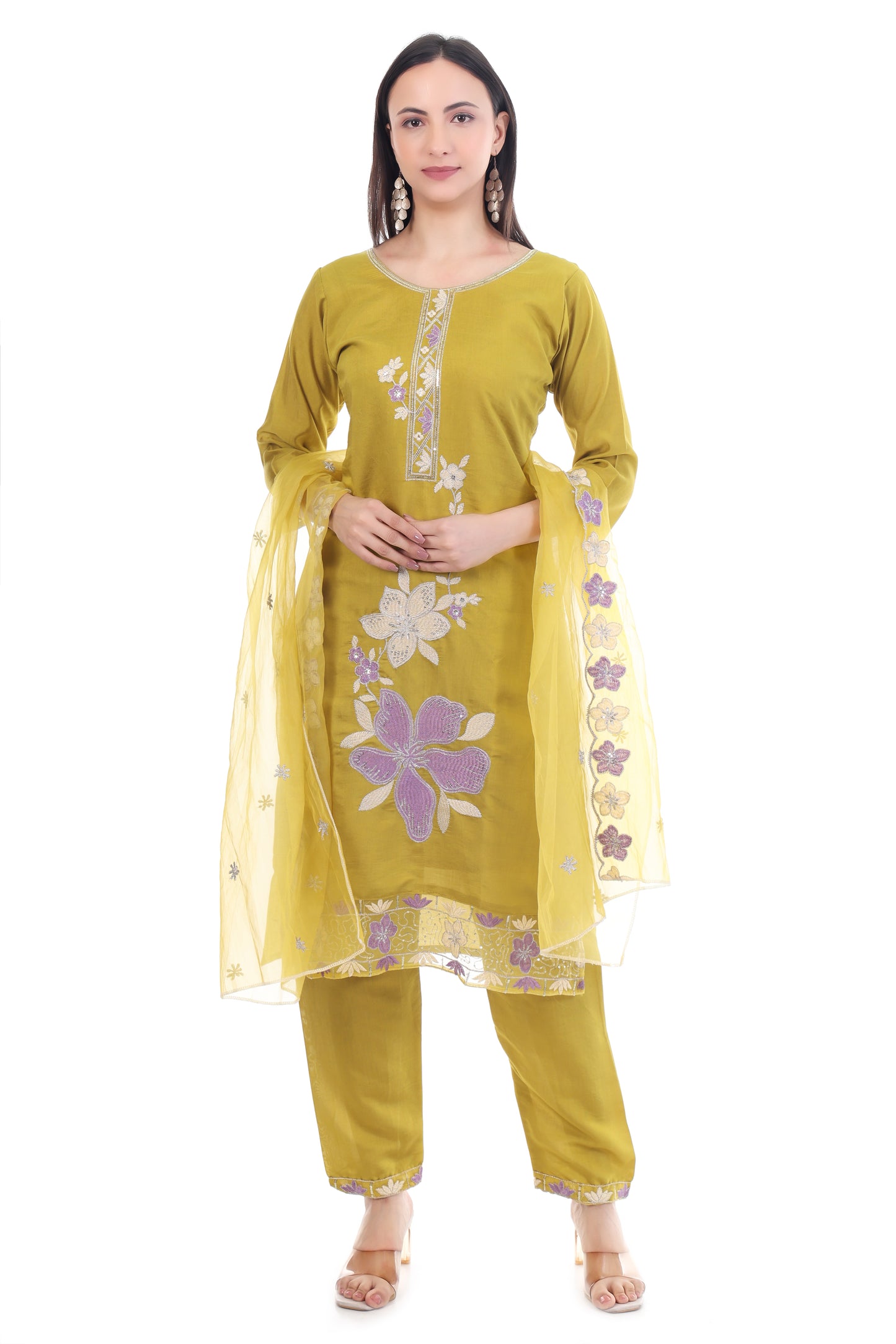 Women Yellow Embroidered Kurta Set with Dupatta