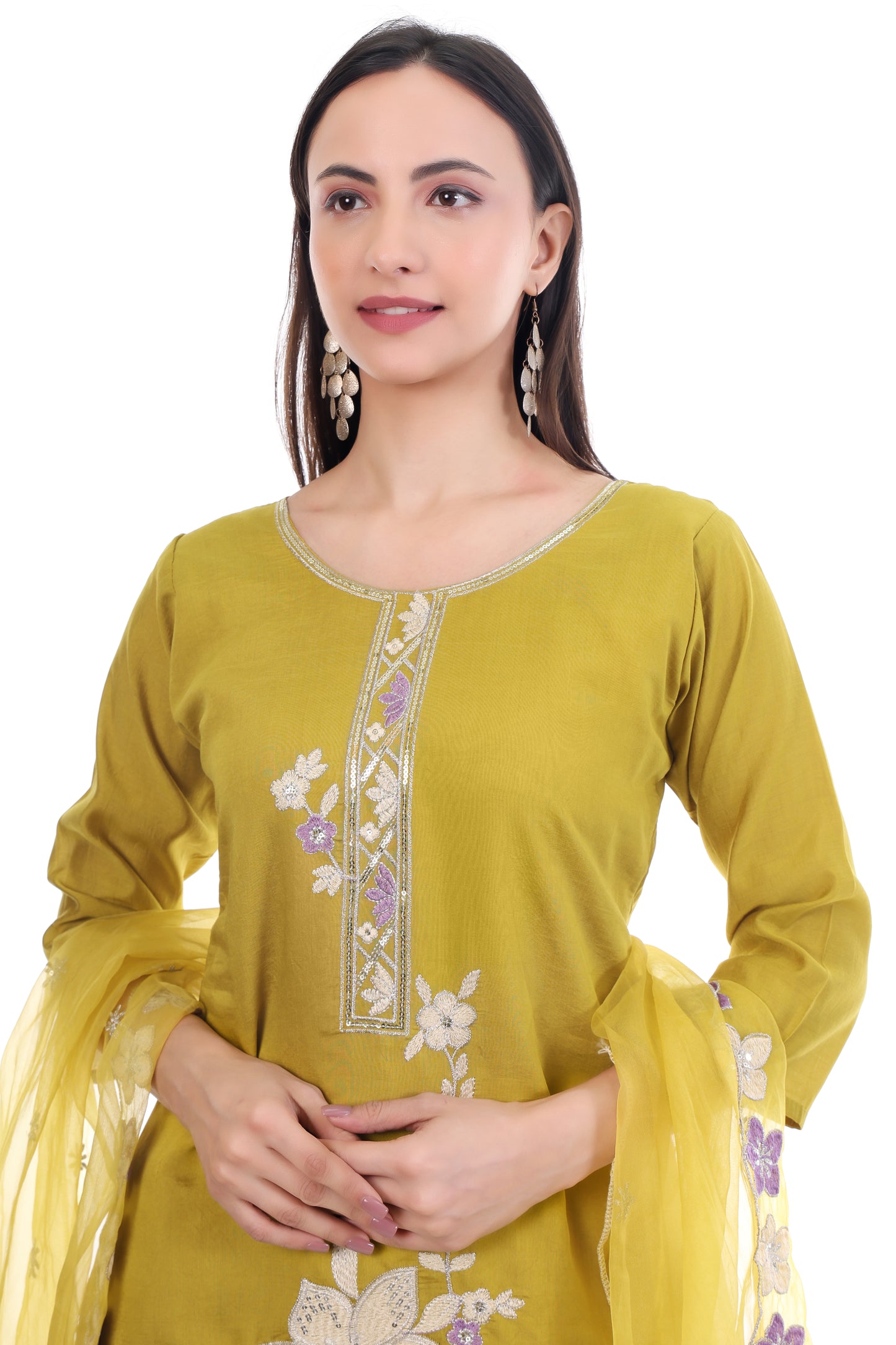 Women Yellow Embroidered Kurta Set with Dupatta