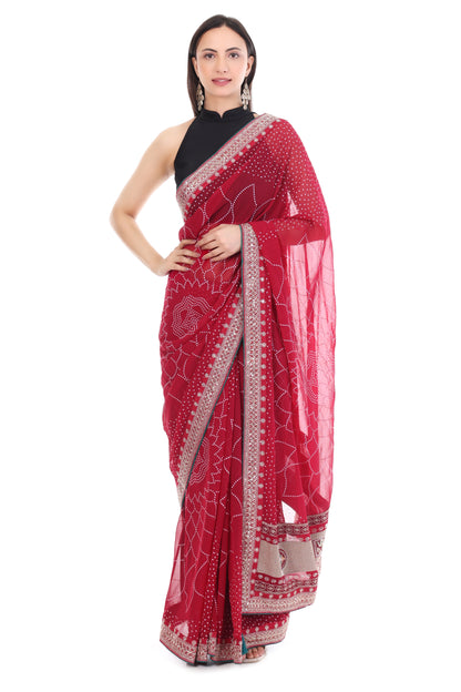Red Georgette Bandhani Saree with Dark Green Contrast Blouse