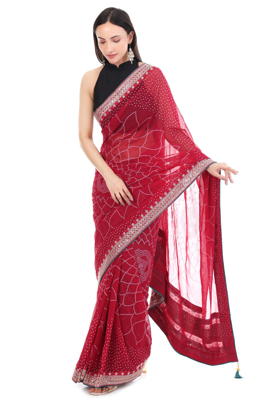 Red Georgette Bandhani Saree with Dark Green Contrast Blouse
