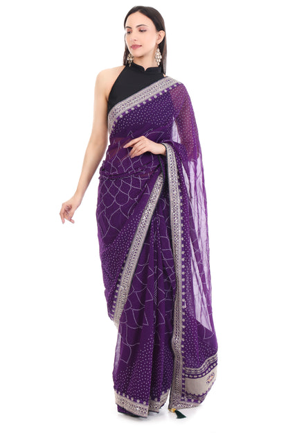 Royal Purple Georgette Bandhani Saree with Dark Green Contrast Blouse