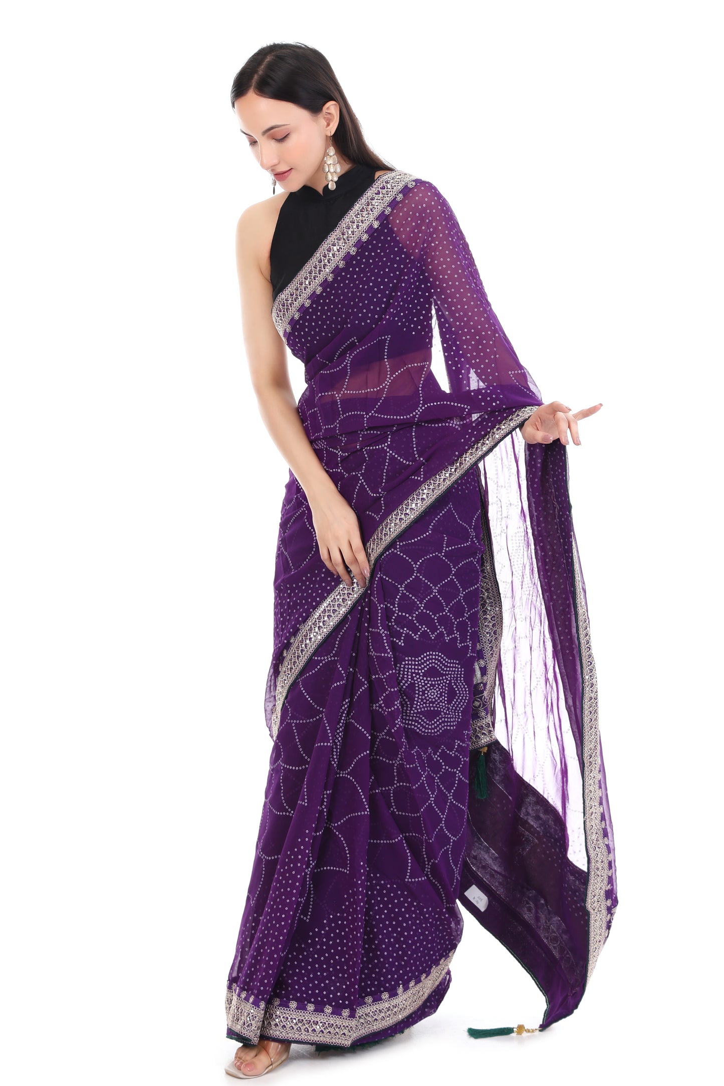 Royal Purple Georgette Bandhani Saree with Dark Green Contrast Blouse