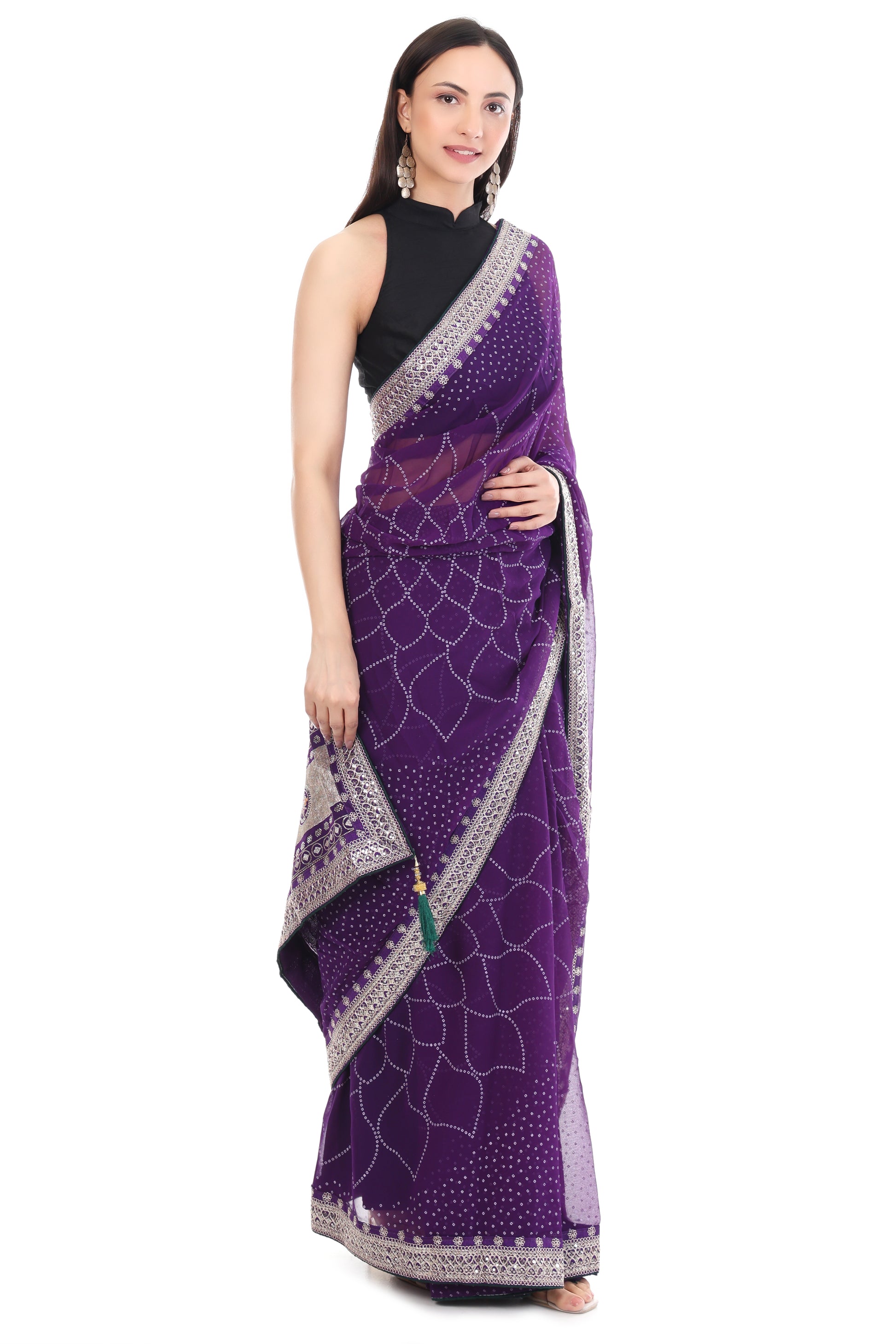 Royal Purple Georgette Bandhani Saree with Dark Green Contrast Blouse