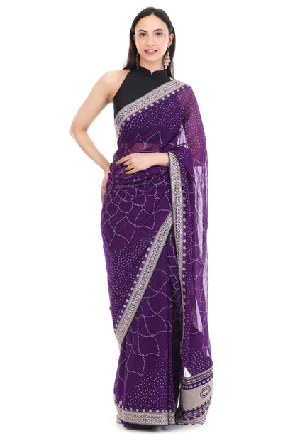 Royal Purple Georgette Bandhani Saree with Dark Green Contrast Blouse