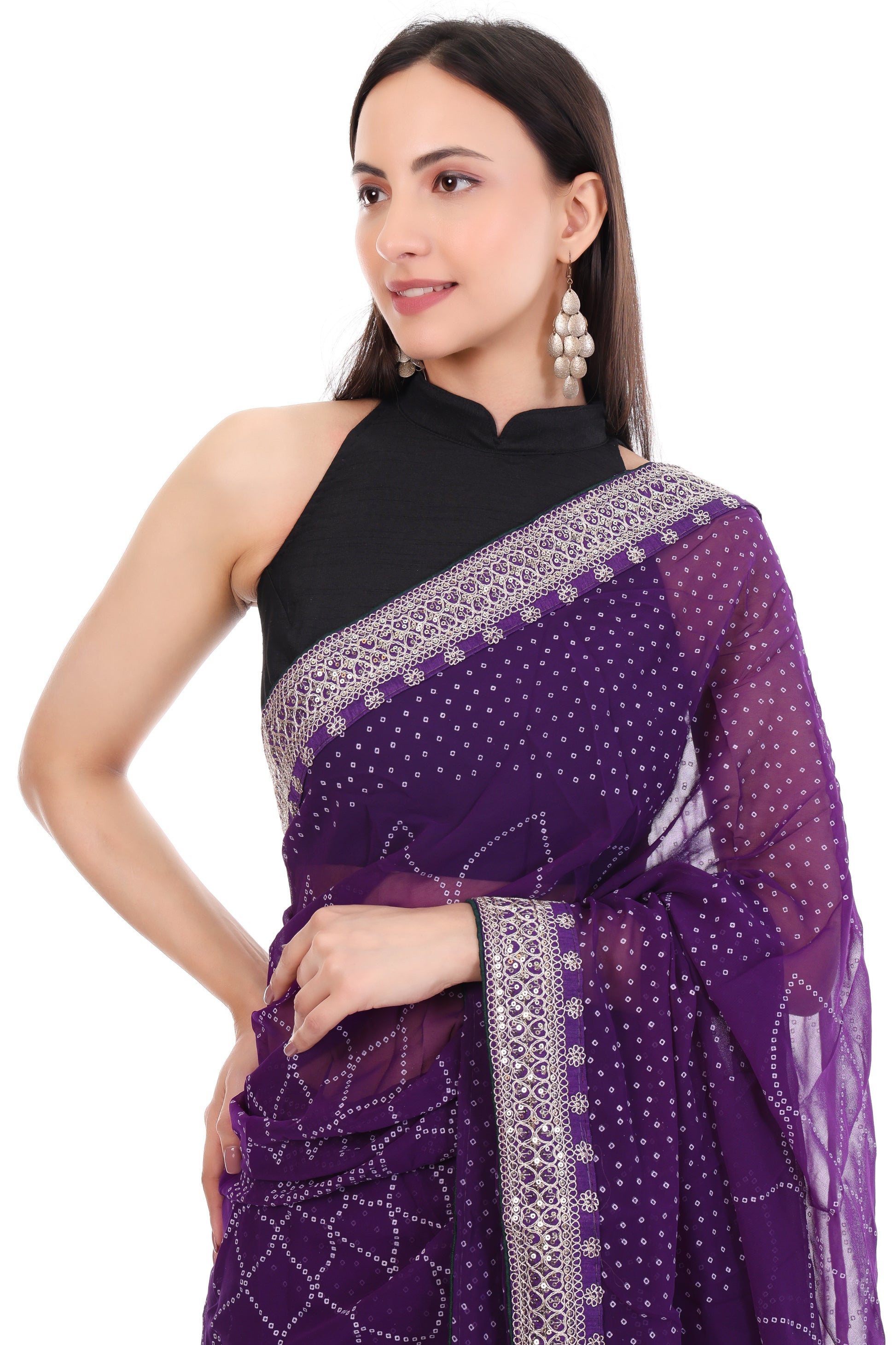 Royal Purple Georgette Bandhani Saree with Dark Green Contrast Blouse
