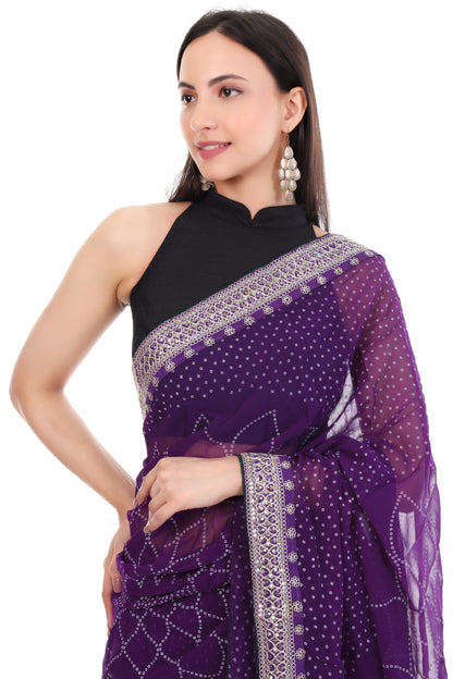 Royal Purple Georgette Bandhani Saree with Dark Green Contrast Blouse