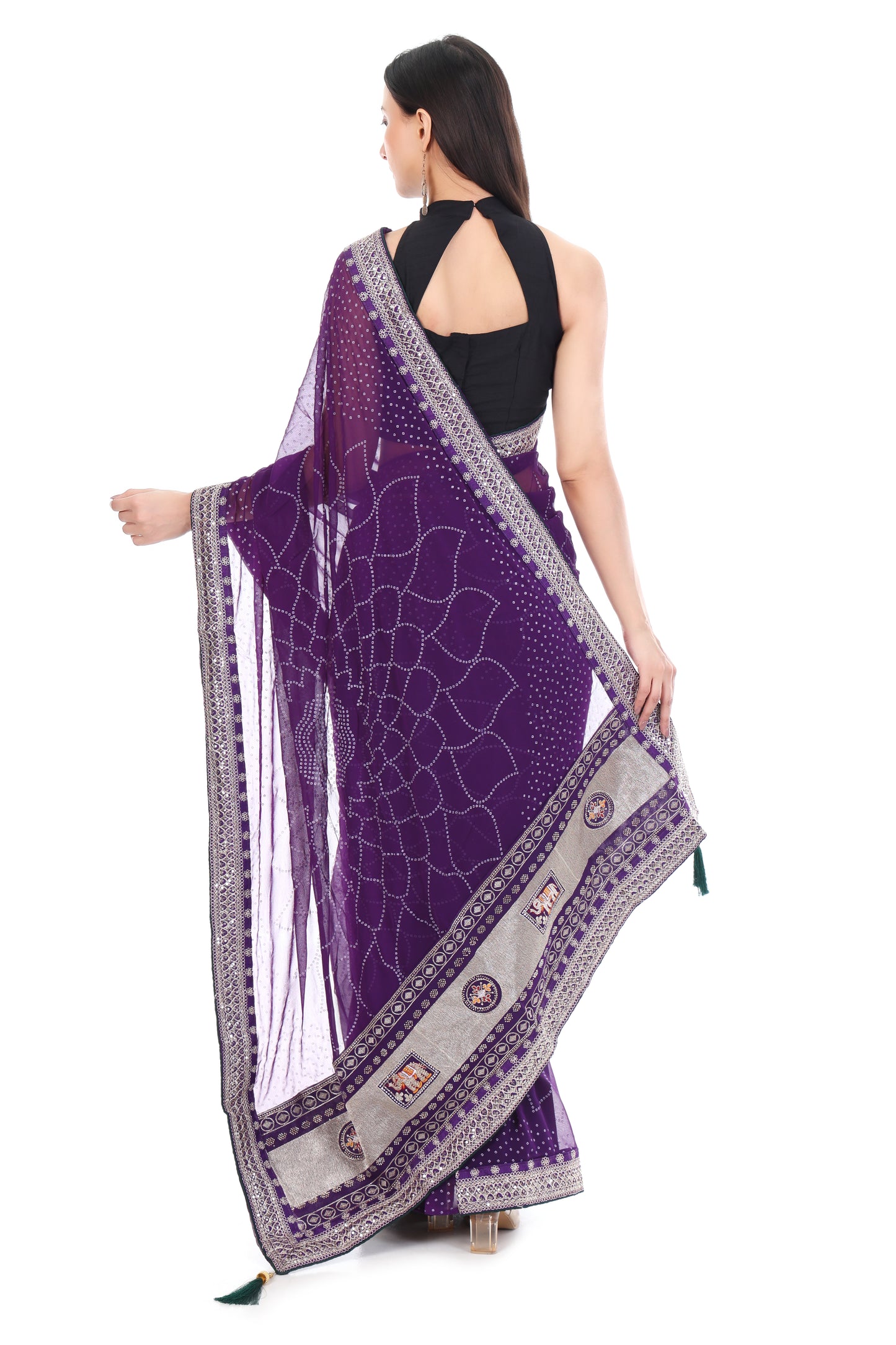 Royal Purple Georgette Bandhani Saree with Dark Green Contrast Blouse