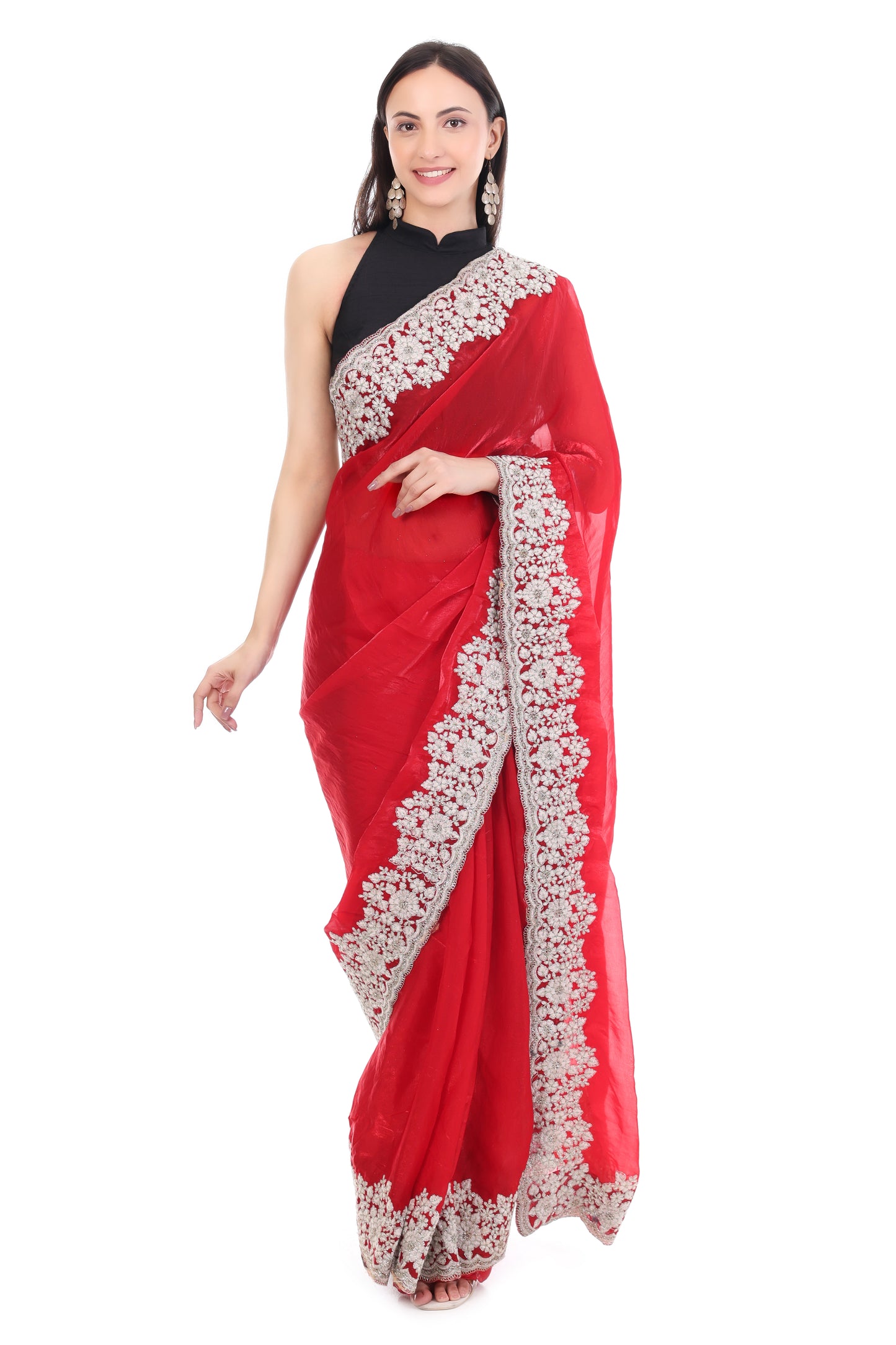 Red Satin Silk Saree with Heavy White Coding and Cutwork Detailing