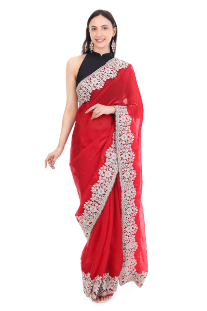 Red Satin Silk Saree with Heavy White Coding and Cutwork Detailing