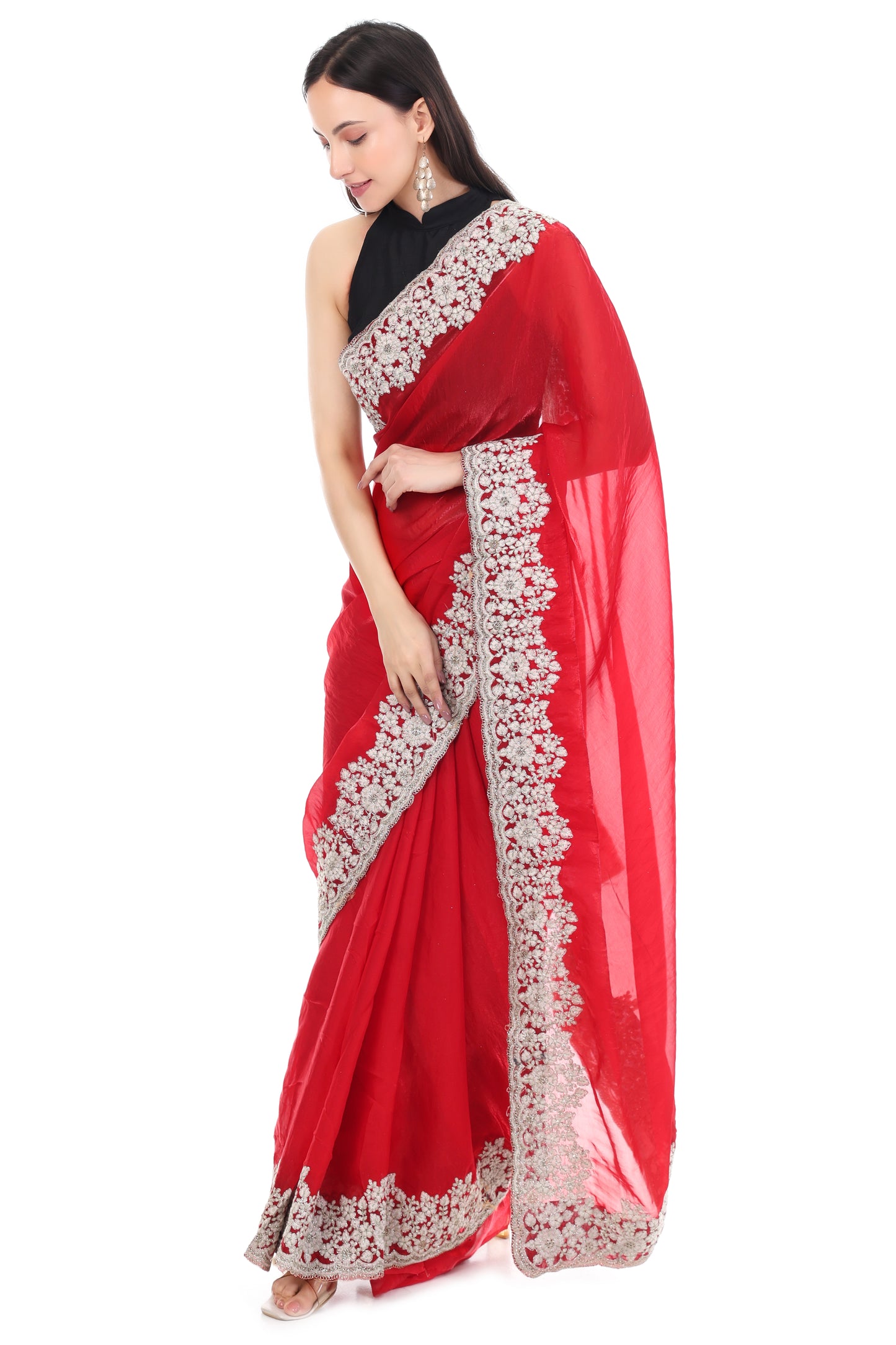 Red Satin Silk Saree with Heavy White Coding and Cutwork Detailing
