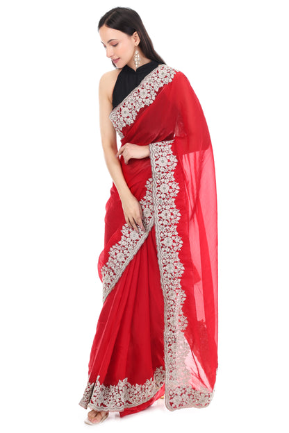 Red Satin Silk Saree with Heavy White Coding and Cutwork Detailing