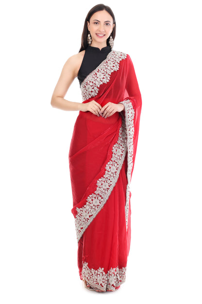 Red Satin Silk Saree with Heavy White Coding and Cutwork Detailing