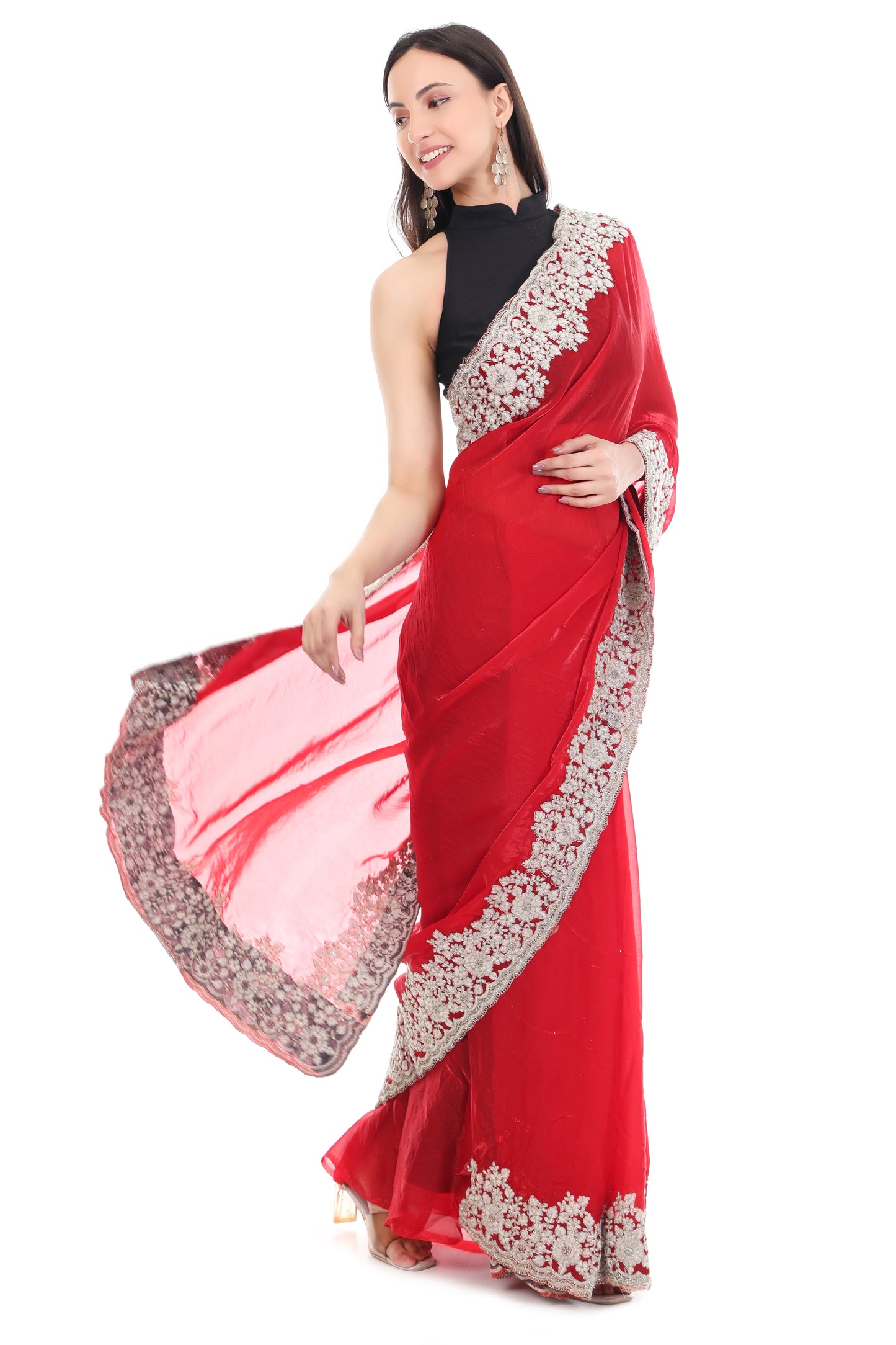 Red Satin Silk Saree with Heavy White Coding and Cutwork Detailing