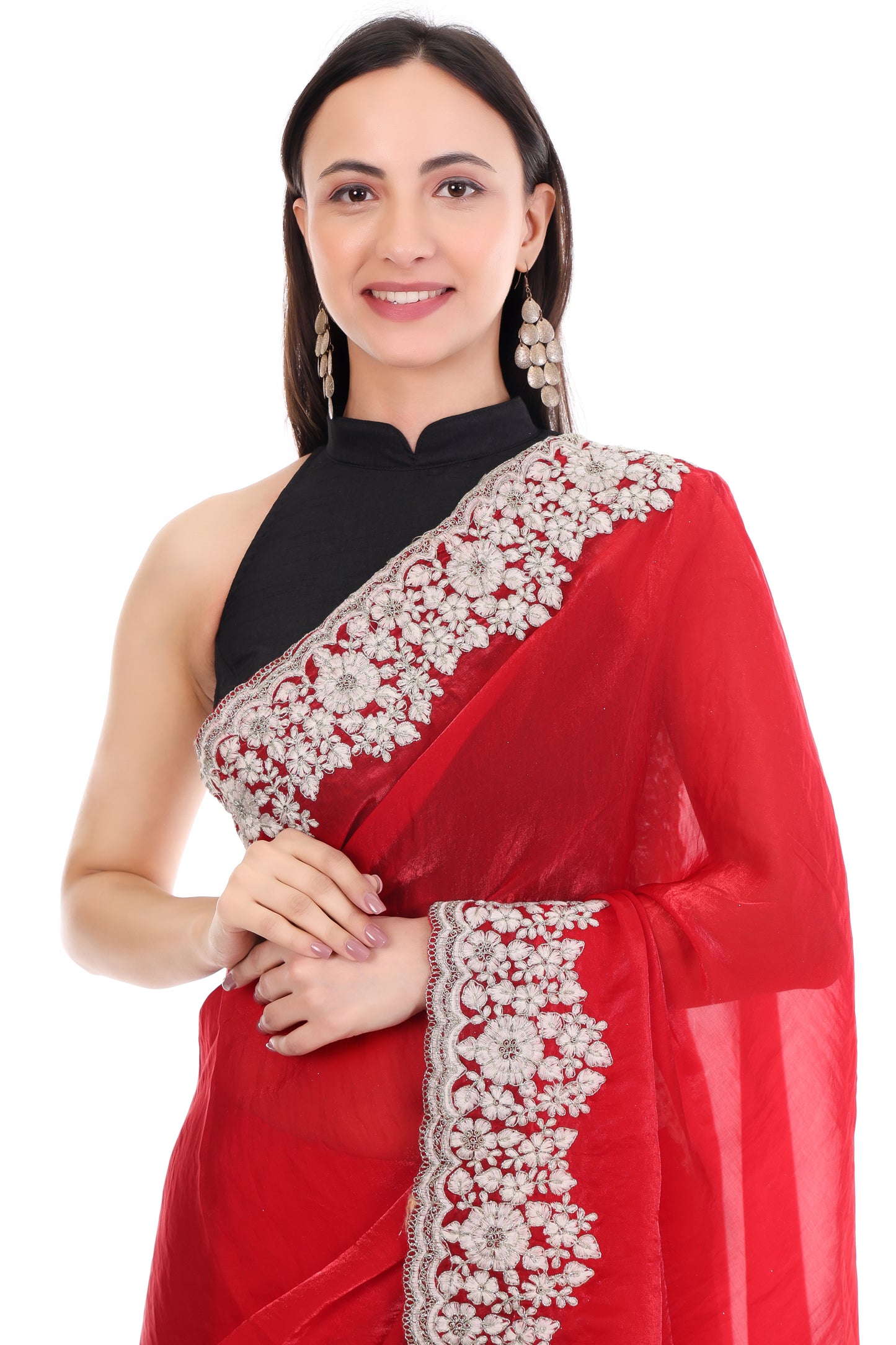 Red Satin Silk Saree with Heavy White Coding and Cutwork Detailing