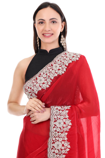 Red Satin Silk Saree with Heavy White Coding and Cutwork Detailing