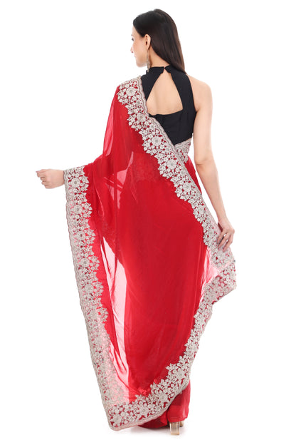 Red Satin Silk Saree with Heavy White Coding and Cutwork Detailing